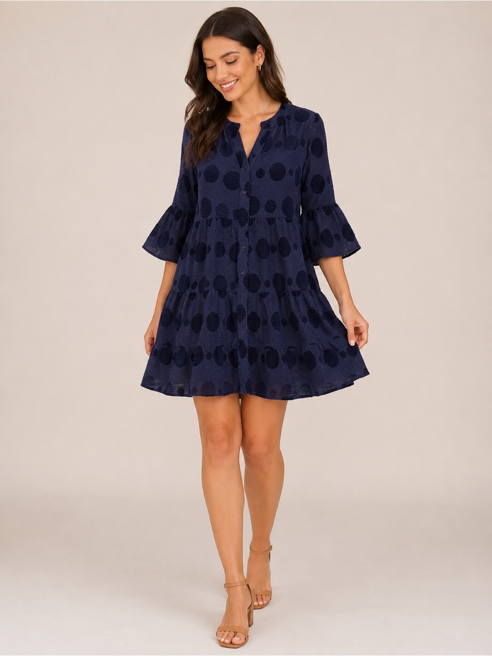 Umgee Navy Jacquard Tiered Babydoll Dress L Polka Dot Bell Sleeve Boho Peasant